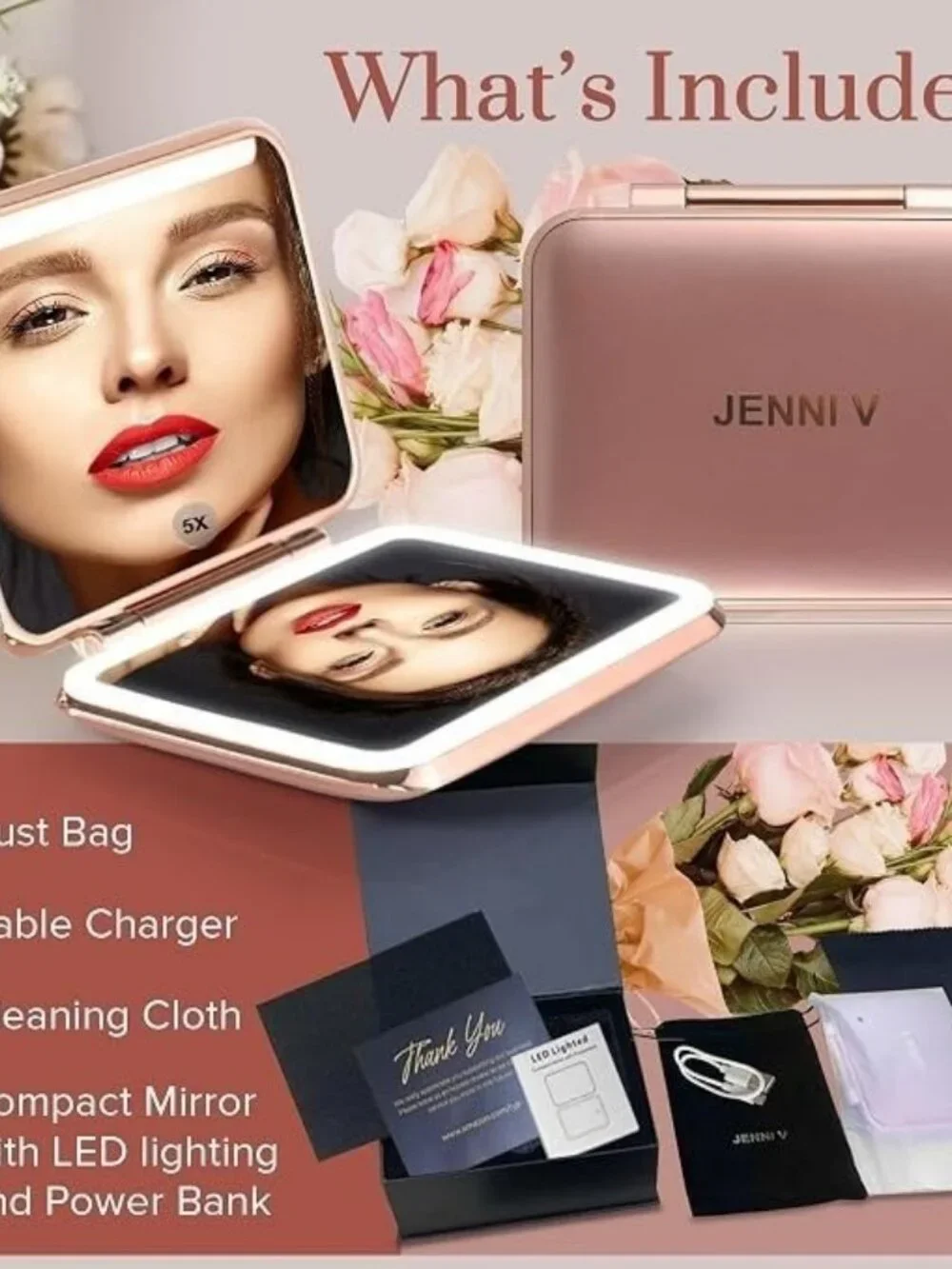 Jenni V Rose Gold LED Lighted Compact Mirror 5X Magnifying Power Bank